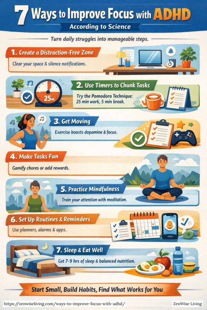 An infographic titled "7 Ways to Improve Focus with ADHD According to Science" lists strategies such as creating a distraction-free zone, using timers like the Pomodoro Technique, and getting regular exercise to boost dopamine. It also emphasizes practicing mindfulness, setting up routines with reminders, and maintaining healthy sleep and nutrition habits.