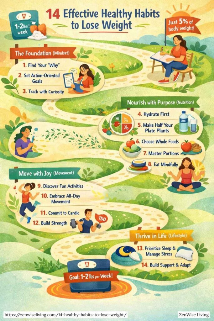 Infographic: "14 Effective Healthy Habits to Lose Weight." A winding path lists 14 tips across Mindset, Nutrition, Movement, and Lifestyle. Goal: 1–2 lbs/week. Focuses on whole foods and joyful movement.