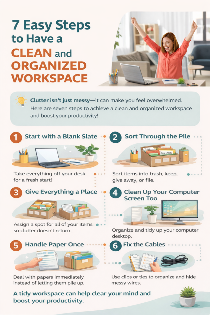 Infographic showing 7 easy steps to have a clean and organized workspace, including decluttering, sorting items, organizing digital files, managing papers, fixing cables, and maintaining a tidy desk for better productivity.
