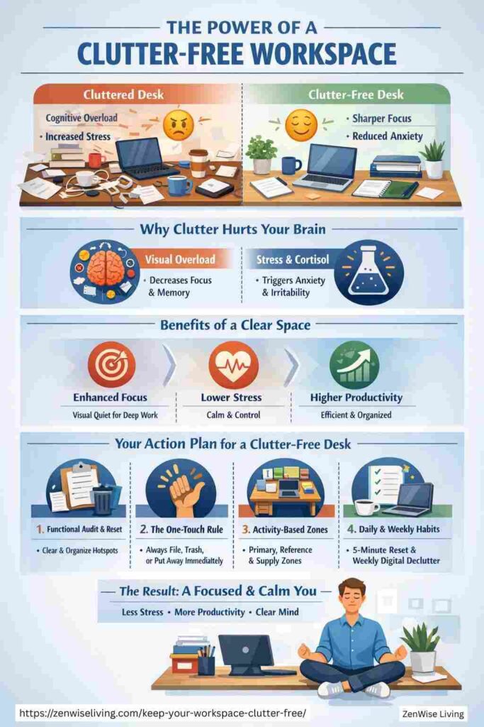 Infographic showing how a clutter-free workspace reduces stress, improves focus, and boosts productivity through simple organizing habits.