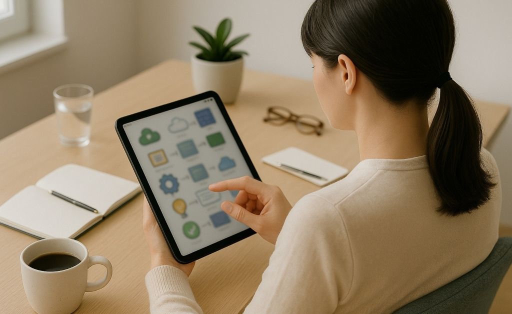 A minimalist, clutter-free desk with a laptop and plant. 